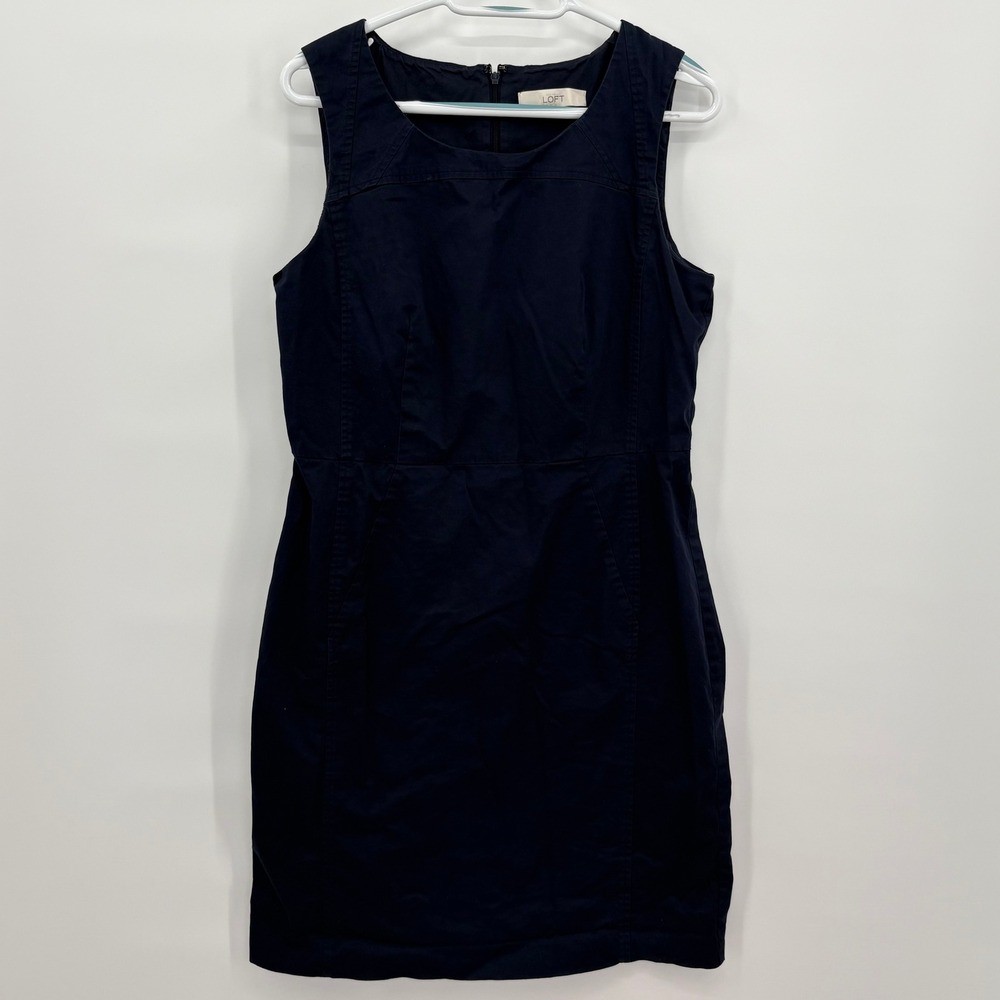 Ann Taylor LOFT Navy‎ Blue Cotton Sheath Dress Sleeveless Size 12 Work Career